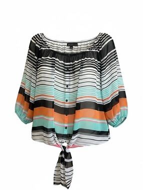 Striped Tie-Front Peasant Blouse - Black, White & Mint Size 4X